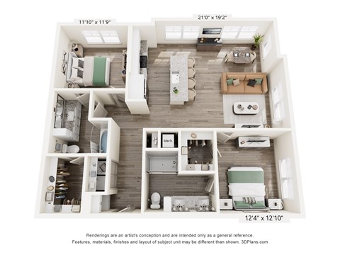 Floor plan for 2 beds, 2 baths, 1196 sqft